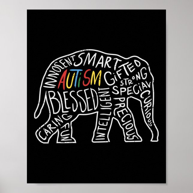Autismus Bewusstsein Elefanten Worte Tiergeschenk Poster (Vorne)