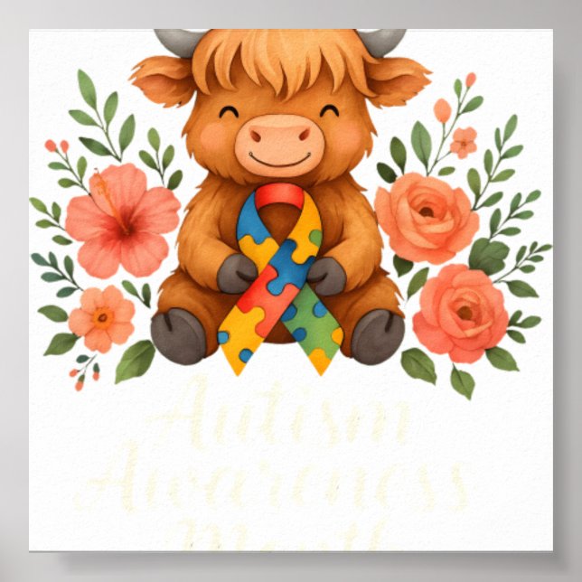 Autismus-Bewusstsein Highland Cow Flora Poster (Vorne)