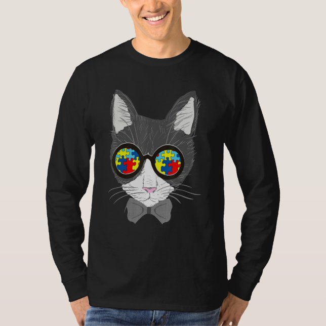 Autismus Bewusstsein Katze Brille Sonnenbrille Puz T-Shirt (Vorderseite)
