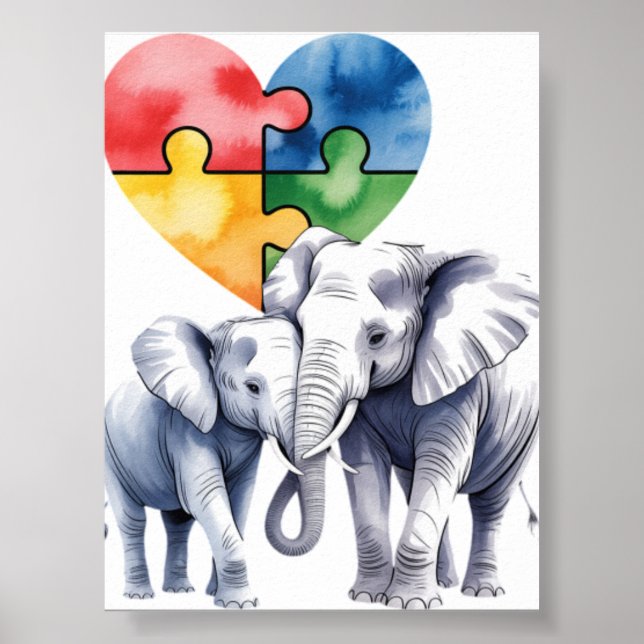 Autismus-Bewusstsein-Mutter-Elefant mit Baby-Puzzl Poster (Vorne)