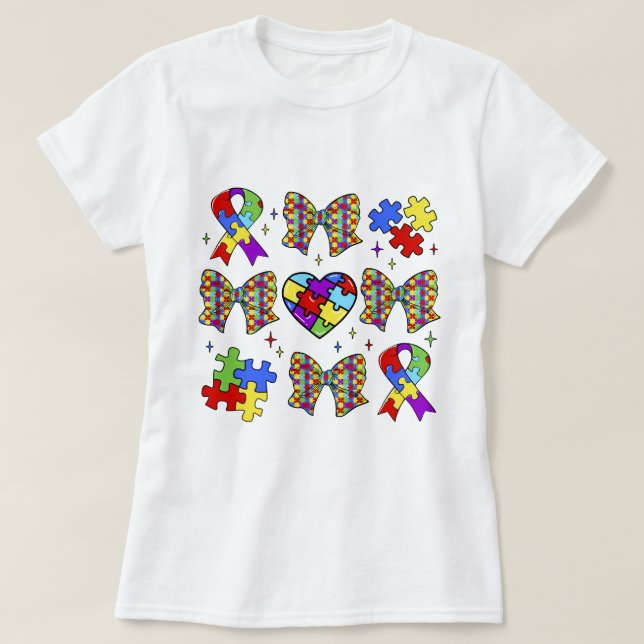 Autismus Bewusstsein Puzzle Piece Coquette Bow T-Shirt (Design vorne)