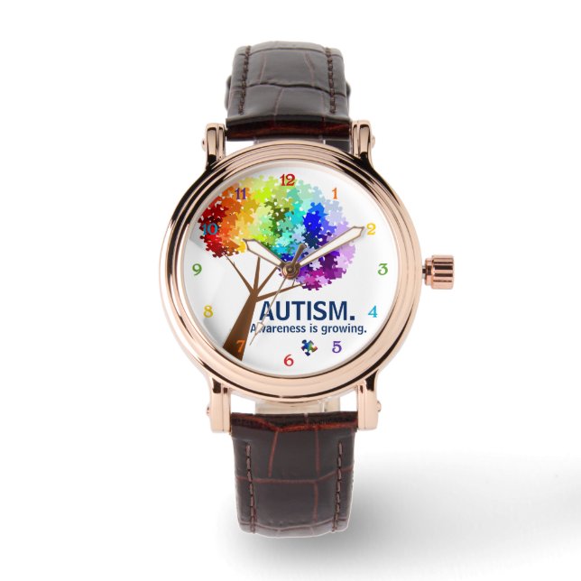 Autismus Bewusstsein Rainbow Puzzle Tree Armbanduhr (Vorderseite)