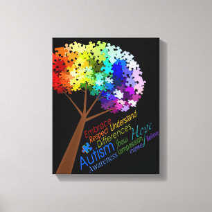 Autismus Bewusstsein Rainbow Puzzle Tree mit Worte Leinwanddruck