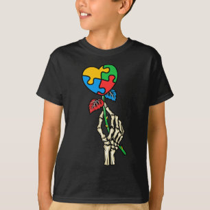Autismus Bewusstsein Schädelhand Rose Autismus Puz T-Shirt