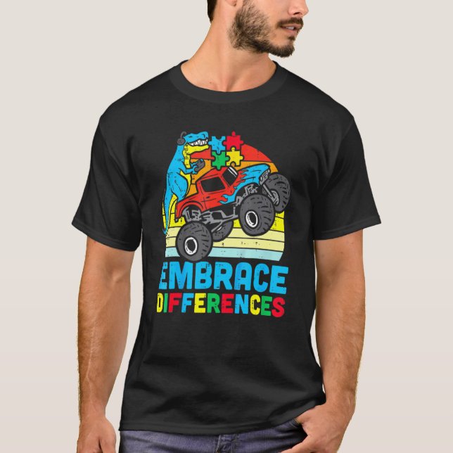 Autismus-Bewusstsein Umarme Unterschiede Trex-Mons T-Shirt (Vorderseite)