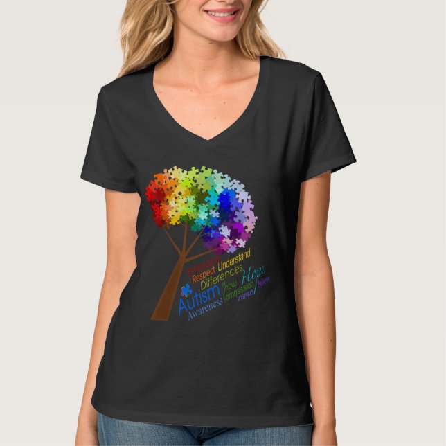 Autismus-Bewusstseins-Regenbogen-Puzzlespiel-Baum T-Shirt (Vorderseite)