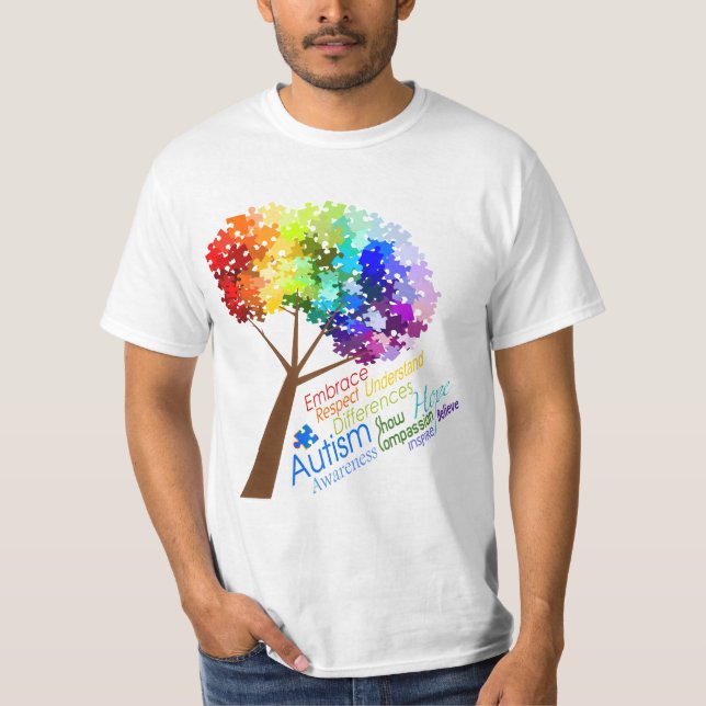 Autismus-Bewusstseins-Regenbogen-Puzzlespiel-Baum T-Shirt (Vorderseite)
