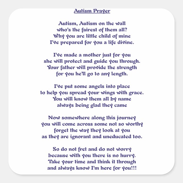 Autismus Gebet Quadratischer Aufkleber (Vorderseite)