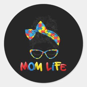 Autismus Mama Life Messy Bun Sungles Byndana Mothe Runder Aufkleber