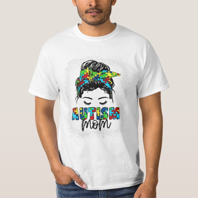 Autismus Mama Messy Bun Awareness T-Shirt (Vorderseite)