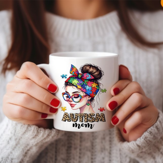 Autismus Mama Messy Bun - Herzwärmender Muttertag Kaffeetasse (Autism-Mom-Messy-Bun Mothers day Mug)