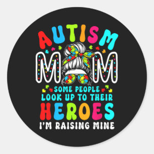 Autismus Mama Raising Hero Groovy Messy Bun Autism Runder Aufkleber