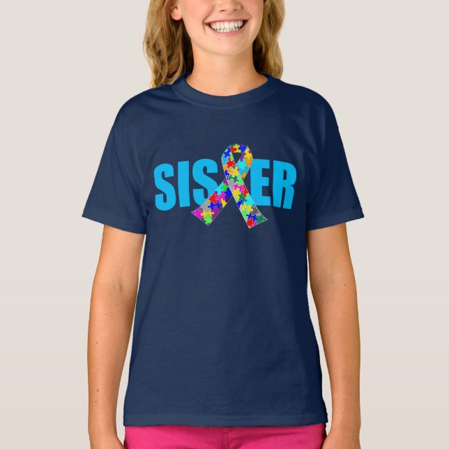 Autismus Schwester Niedlich Blue Awareness Ribbon  T-Shirt (Vorderseite)