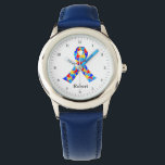 Autismus Sensibilisierungsband Personalisiert Blue Armbanduhr<br><div class="desc">Schönes Autismus Band gefüllt mit Puzzleteilen in blau. Ein hübsches Autismus Bewusstsein personalisierte Kinder sehen Geschenke. Monogramm mit dem Namen Ihres Kindes.</div>