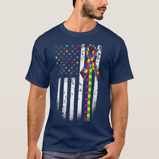 Autismus Sensibilisierungsmonat Amerikanische Flag T-Shirt (Vorderseite)