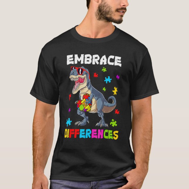 Autismus Umarme Unterschiede Dinosaurier Rex Sonne T-Shirt (Vorderseite)