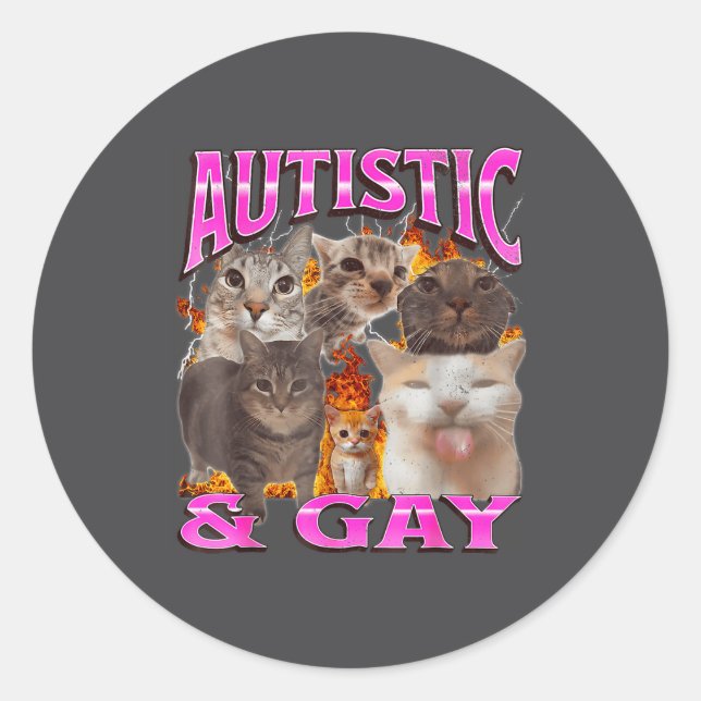 Autistic And Gay Funny Cat Meme Bootleg Graphic  Runder Aufkleber (Vorderseite)