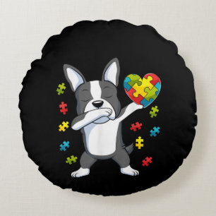 Autistic Dabbing Boston Terrier Puzzle Piece Herz Rundes Kissen