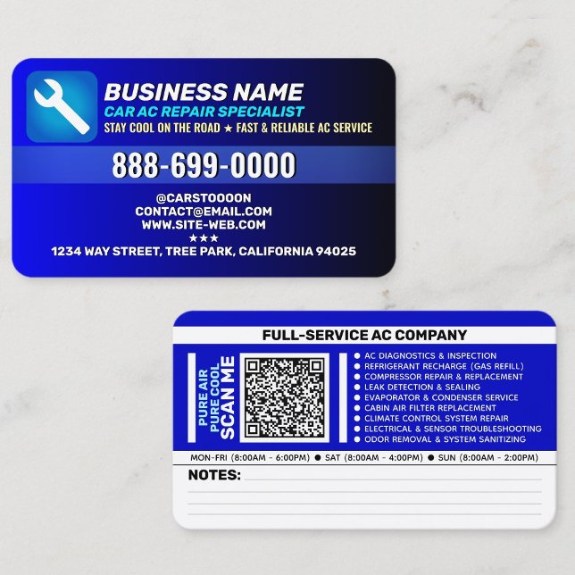 Auto Air Conditioner Service | Best Car AC Repair Visitenkarte (Shop car air conditioner repair business cards in blue color)