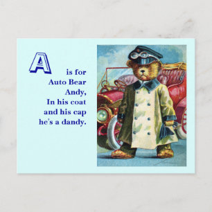 Auto Bär Andy - Buchstabe A - Vintage Teddybär Postkarte