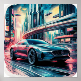 Auto in der futuristischen Stadt Poster