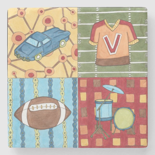 Auto, Jersey, Fußball und Trommelkit Steinuntersetzer (Vorderseite)