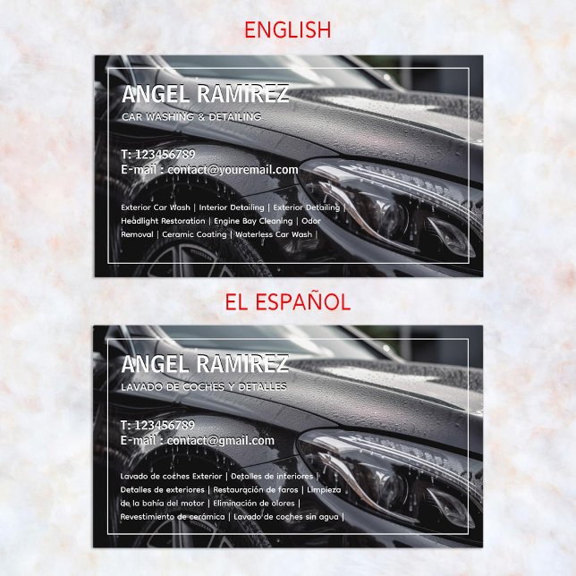 Auto mit der zweisprachigen spanischen Visitenkart Visitenkarte (Car Detailing Bilingual Spanish Business Cards)