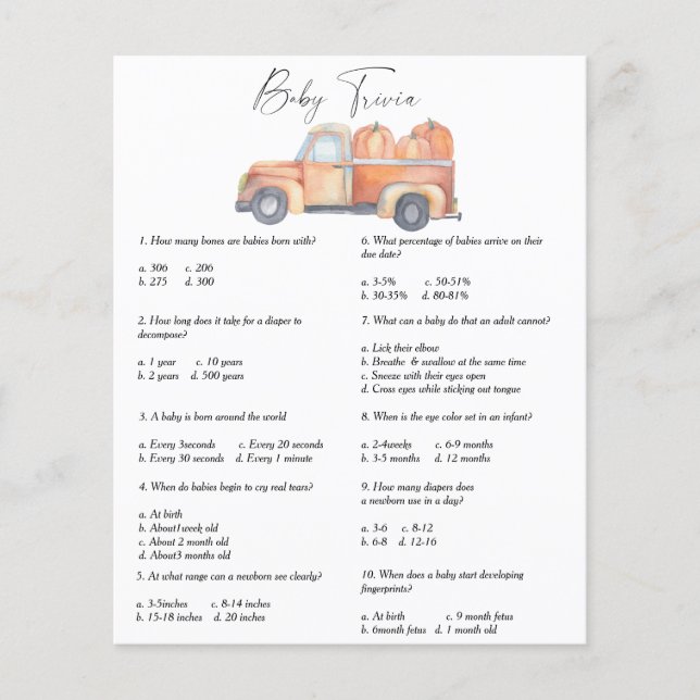 Auto mit Kürbis - Baby Trivia | Baby Showspiel (Vorderseite)