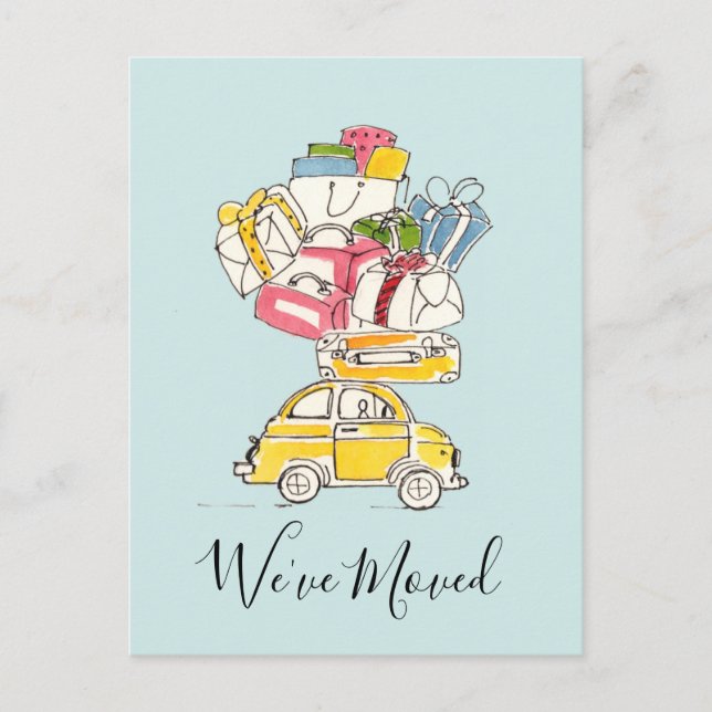 Auto mit Reisekoffern Wir haben die Postkarte vers (Vorderseite)