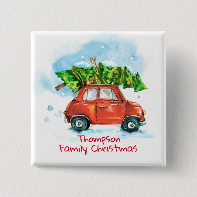 Auto mit Weihnachtsbaum und Familienname Button (Vorderseite)