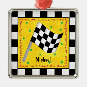 Auto-Rennen-Fan-Checkered Flaggen-Name Silbernes Ornament