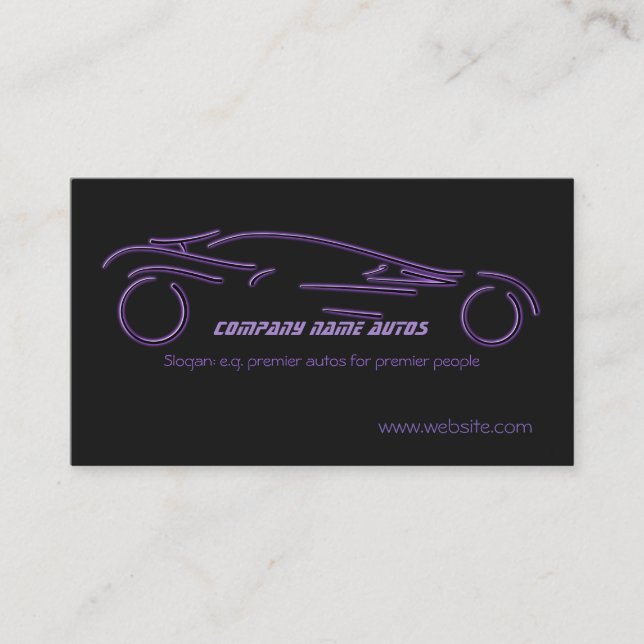 Auto Sales, Lila Luxury Sportscar auf schwarz Visitenkarte (Vorderseite)