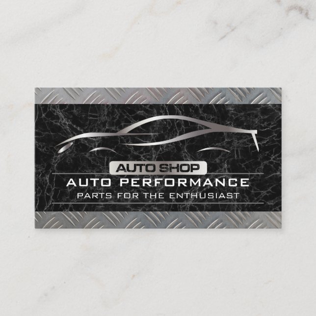 Auto Shop Metallisches Auto-Logo | Schwarzes Marmo Visitenkarte (Vorderseite)