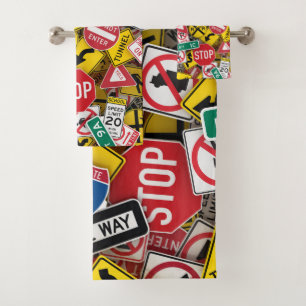 Autofahrer-Fun Road-Sign Collage Badhandtuch Set