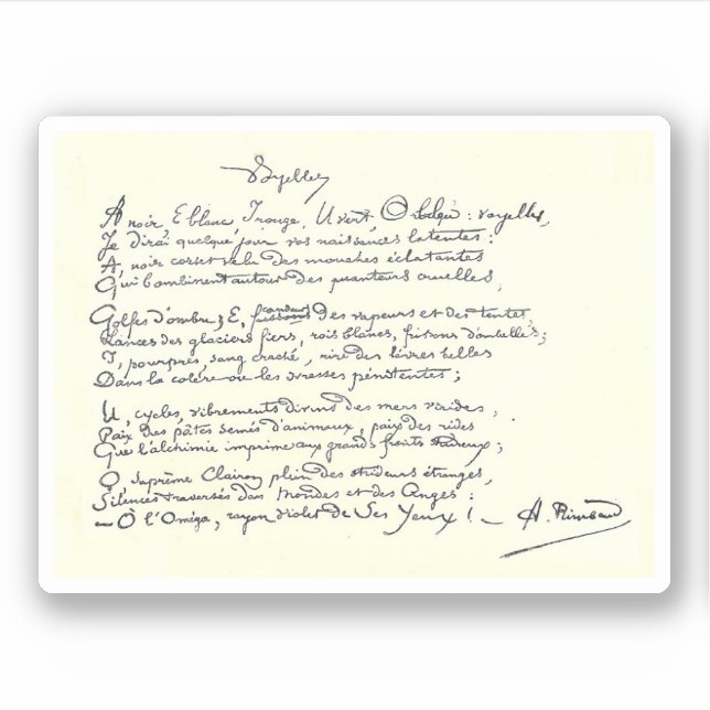 Autogrammmanuskript der Voyelles (Rimbaud) Aufkleber (Vorderseite)