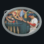 Autogrammsitzung Ovale Gürtelschnalle<br><div class="desc">Künstler: John Falter | Baseball-Spieler,  der Autogramme vor einem Spiel gibt.</div>