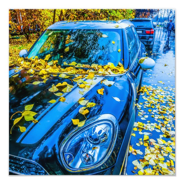 Automobil, Auto - Saison gefallener Blätter Fotodruck (Vorne)