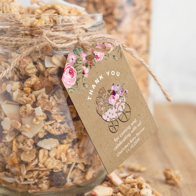 Autopapier Ein kleines Pumpkin Girl Babydusche Geschenkanhänger (A Little Pumpkin Girl Baby Shower #craftpaper #babycar #pinkflowers #pumpkin #autumn #thankyou)