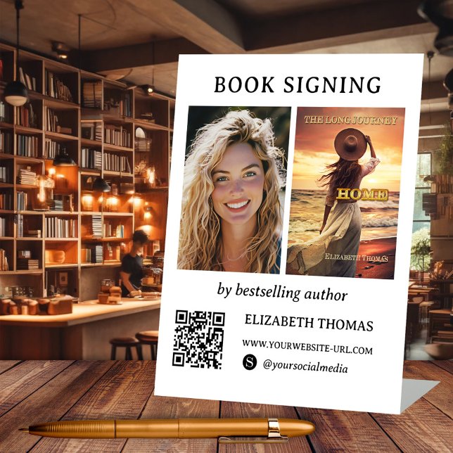 Autor Buch Signierung Foto QR Code Minimalistisch Sockelschild (Author book signing minimalist tabletop sign. With custom photos, QR code template, social media)