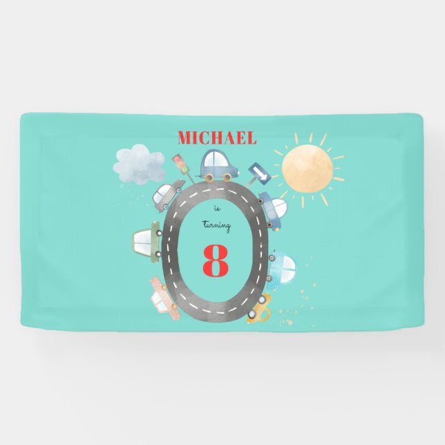 Autos und Fahrzeuge auf der Straße Junge Geburtsta Banner (Horizontal)