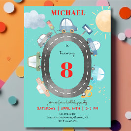 Autos und Fahrzeuge auf der Straße Junge Geburtsta Einladung