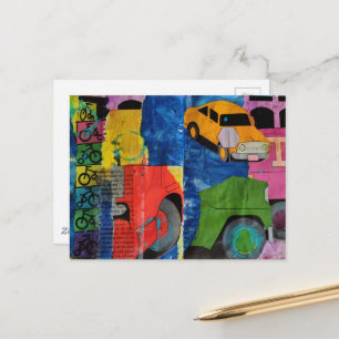 Autos und Lastwagen Mixed-Media-Collage Postkarte