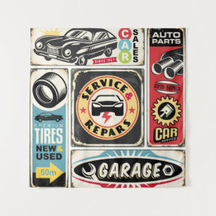 Autoservice- und Reparatur-Retro-Schilder-Sammlung Wandteppich