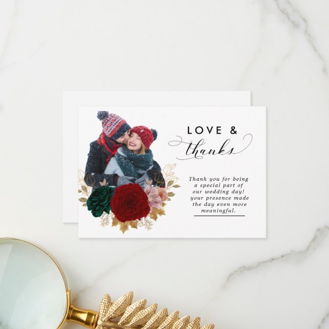 Autumanal Gold Burgundy Emarald Greeny Wedding Dankeskarte (Vorderseite/Rückseite Beispiel)