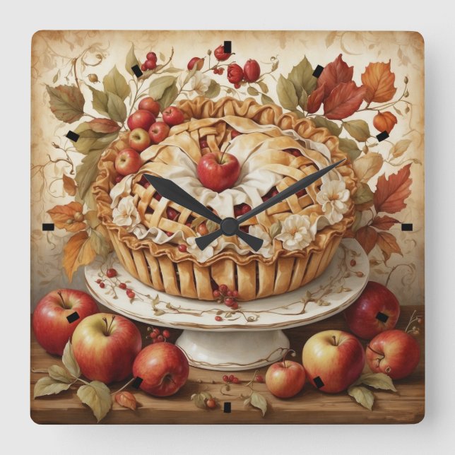 Autumn Apple Pie Wall Clock Quadratische Wanduhr (Vorderseite)