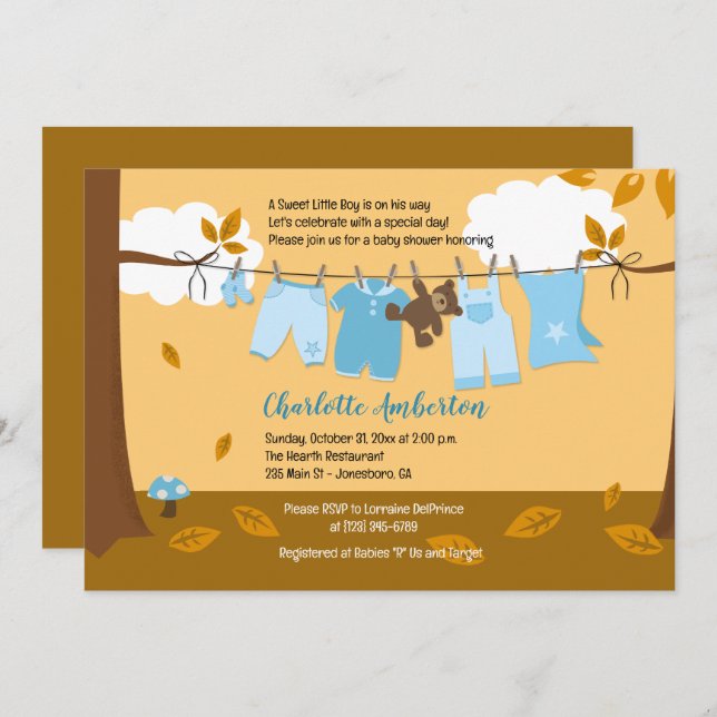 Autumn Baby Clothesline Blue BOY 12x18 Baby Dusche Einladung (Vorne/Hinten)
