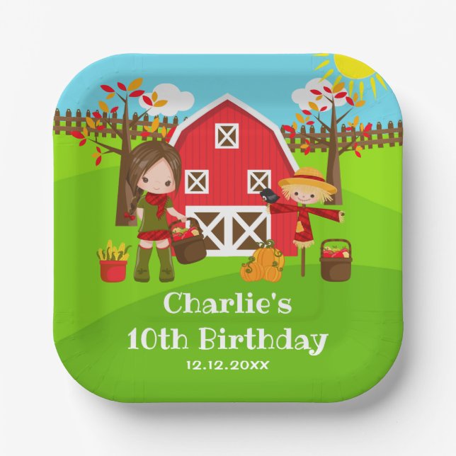 Autumn Barnyard Birthday Brown Hair Girl Pappteller (Vorderseite)
