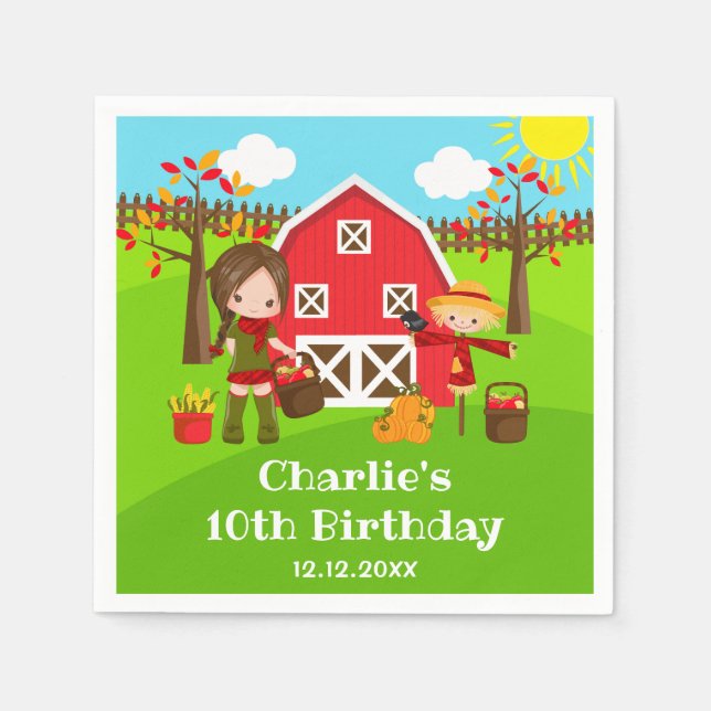 Autumn Barnyard Birthday Brown Hair Girl Serviette (Vorderseite)