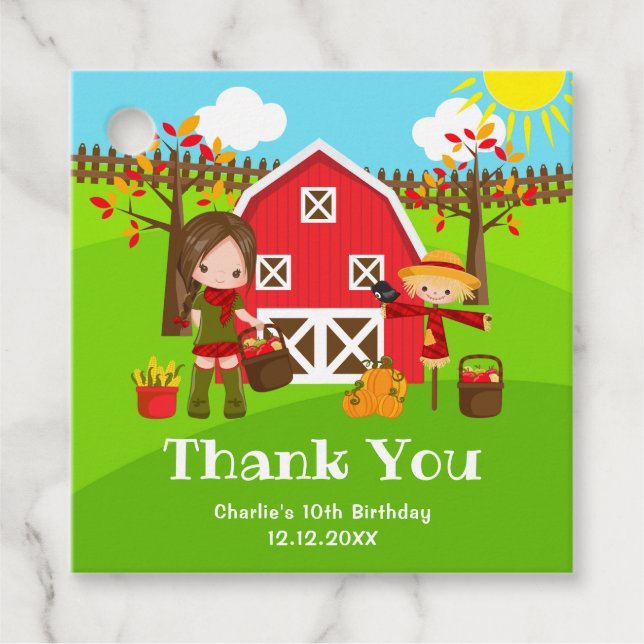 Autumn Barnyard Birthday Brown Hair Girl Vielen Da Geschenkanhänger (Vorderseite)