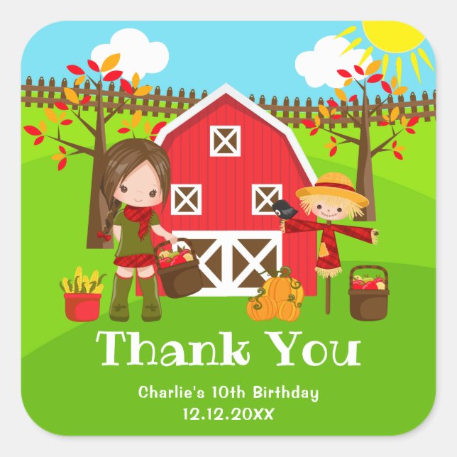 Autumn Barnyard Birthday Brown Hair Girl Vielen Da Quadratischer Aufkleber (Vorderseite)